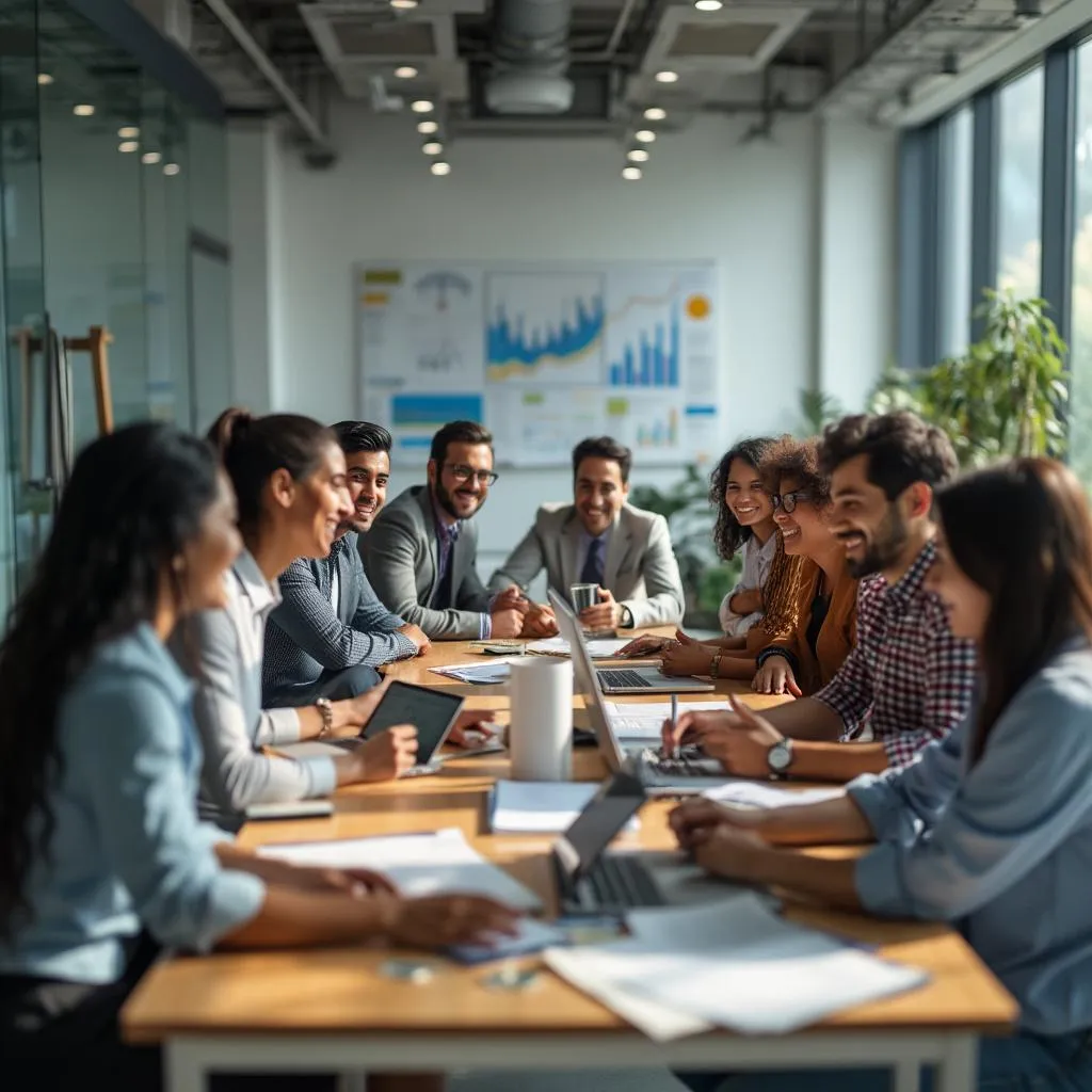 Equipo de consultoría financiera de [Nombre de la Empresa] en una reunión colaborativa en Bogotá