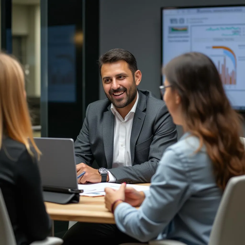 Consultor financiero reunido con cliente en Colombia