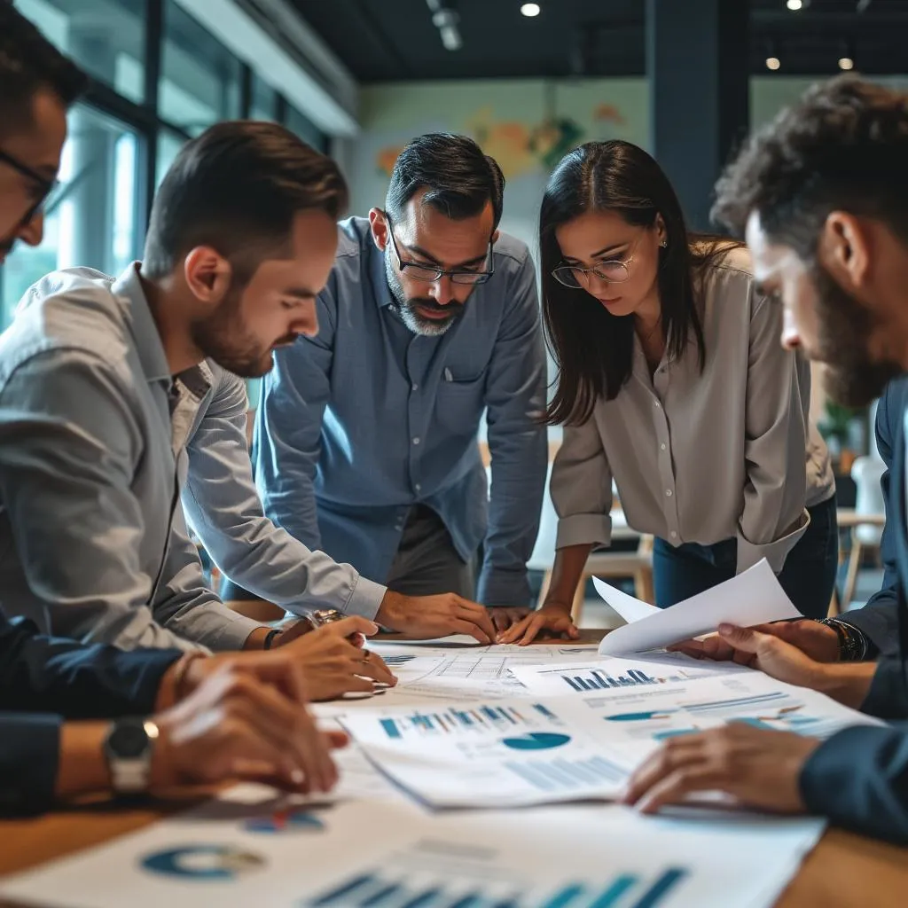 Equipo de consultores financieros discutiendo estrategias en Colombia